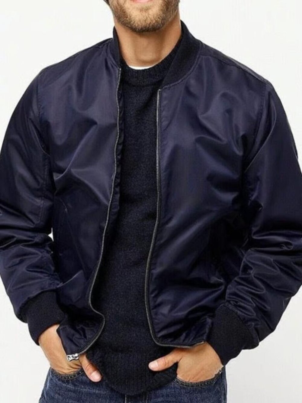 Wallace & Barnes men's Flight Bomber Jacket blue satin full-zip quilted lining M